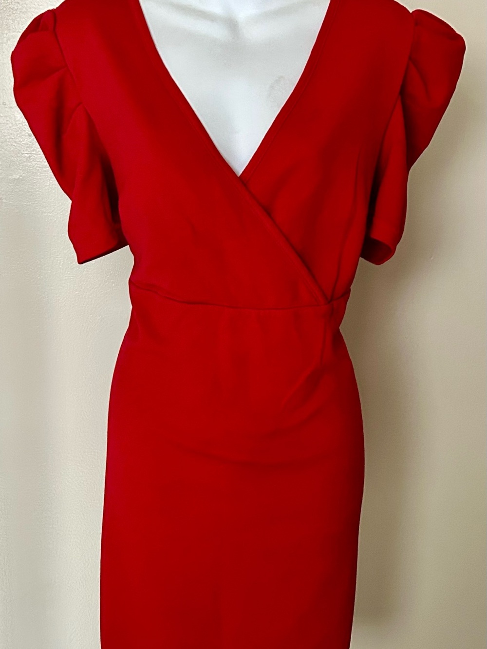 SHEIN Red V-Neck Puff Sleeve Pencil Dress